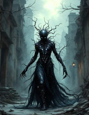The primary subject of the image is a woman dressed in a black gown, with a long black hair and a spooky appearance. She is walking down a narrow alley, surrounded by a dark and eerie atmosphere. The setting is a city street with a stone wall and a building in the background. The visual style of the image is a digital art or illustration, with a focus on the woman's unique and mysterious appearance. The colors and mood of the image are predominantly dark, with a sense of mystery and intrigue.
